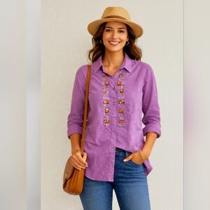 Jaclyn Smith 3/4 Sleeve Purple Embellished Button Down Top Sz XXL